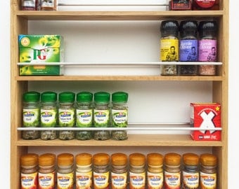 Solid English Oak Spice Rack - Deep Capacity and Open Top for Taller Jars, Bottles & Packets. 4 Shelves, Many Widths