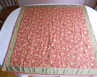 Cotton and silk square tablecloth, khaki green on rusty red print table topper, 34" x 34" tablecloth, ready to ship