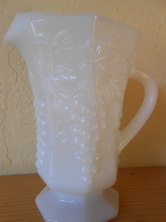 Vintage Octagonal White Milk Glass Pitcher with Grapes and