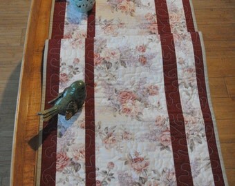 Quilted Table Runner, Romantique Reversible Table Runner. Unique Victorian Roses Table Runner.