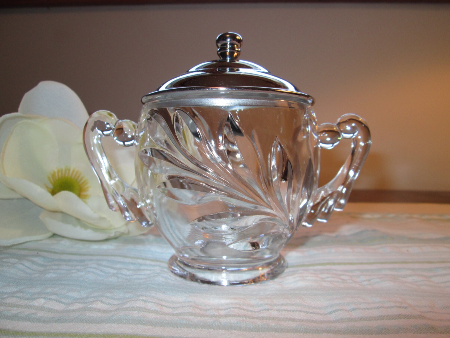 Clear Glass Sugar Bowl with Metal Lid by DianesVintageKitchen