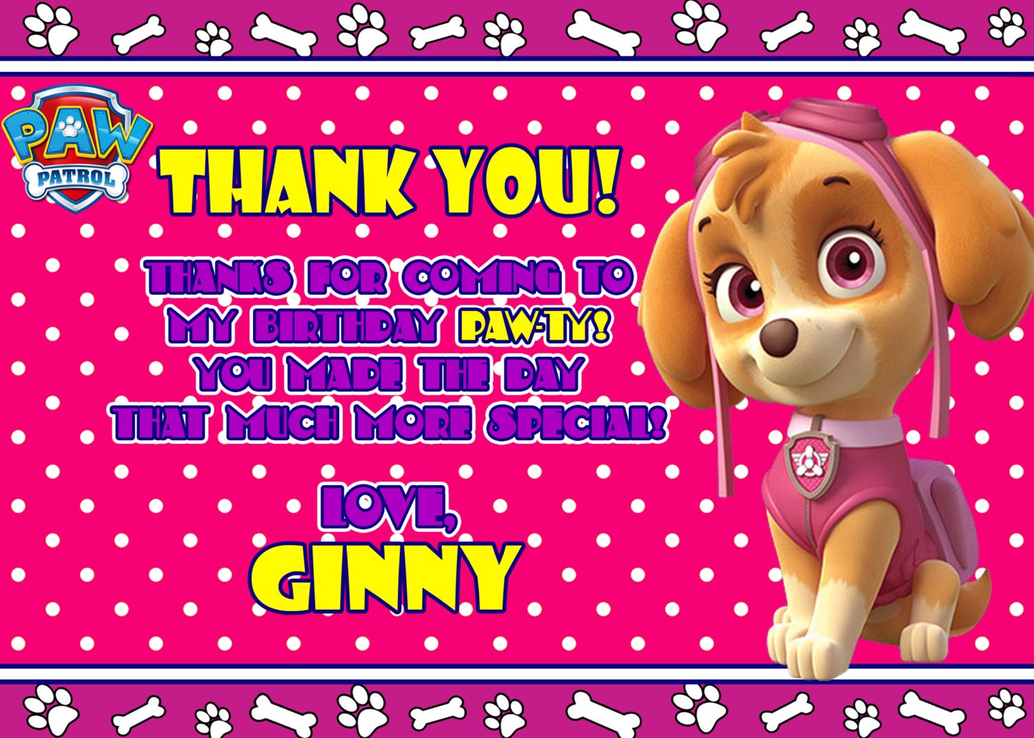 Paw Patrol Thank You Card Skye-Paw Patrol by OKinvitations on Etsy