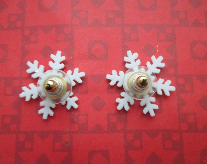 Winter earrings-snowflake earrings-white Snowflake studs-clip on earrings-snow posts-glittery snowflake jewelry-frozen party favors.
