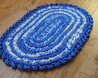 Rag Rug, Blue 21" x 32.5" Crocheted Oval Rag Rug, Cottage Chic Decor, Shabby Chic, Nursery Rug, Crochet Rag Rug, Blue Rag Rug, Blue Rug
