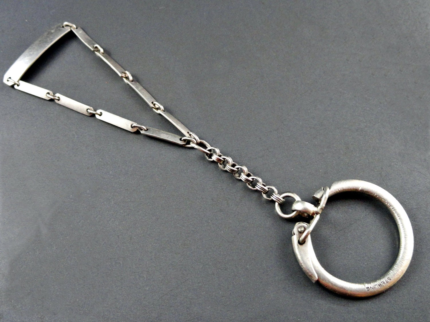 Sterling Silver Keychain Vintage Key Ring with Unusual Link and Bar