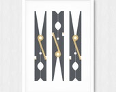 Dark Gray Clothespin Print, Wall Print, Wall Art, Grey, Gold, Laundry Room Decor, Printable, Digital Poster Print, Instant Download, Inches