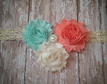 mint and coral headband baby headband lace baby coral mint ivory etsy mint and coral headband baby headband lace baby coral mint ivory etsy