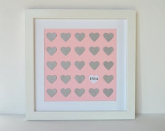 Pink And Gray Nursery Decor- Heart Themed Nursery, Paper Heart Art, Framed Nursery Art, Unique Baby Gift, Baptism Gift, Christening Gift