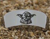10mm Beveled Tungsten Carbide Band Star Wars Yoda Design Ring-Free Inside Engraving And Free US Shipping