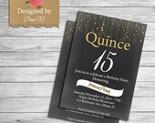 QuinceaÃ±ero invitation, Quince aÃ±os, gold and black party printable, espaÃ±ol and English Invite, Sweet Sixteen, Any Age Invite