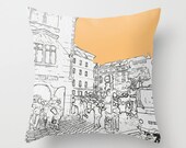 Cushion illustration with city. City streets, pop art pillow.