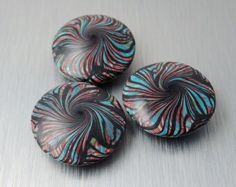 Polymer Clay Lentil Beads - Black, Aqua & Red Swirl