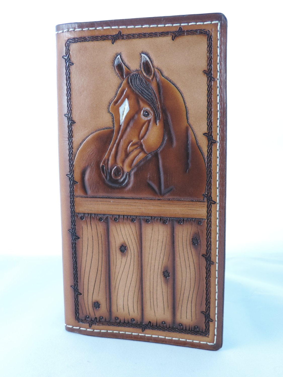 Hand Tooled Leather Roper wallet with Horse in by DeerCreekLeather