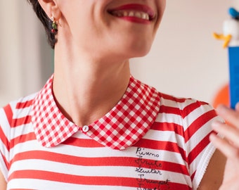 Red gingham 100% cotton Peter Pan collar with mother pearl button