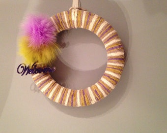 Welcome Wreath, Front Door Decor, Purple/green/white yarn wreath, Made to Order