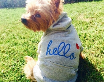 Hello Dog Hoodie. Grey Sweatshirt w/ Blue Glitter Text & Heart Icon. Casual Dog Apparel. Modern Clothes for Small Dogs. Cute Dog Lover Gift.