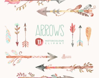 Arrows Watercolor Clipart. 11 Hand painted elements, feathers, diy elements, flowers, invite, tribal arrows, transparent, digital, greetings