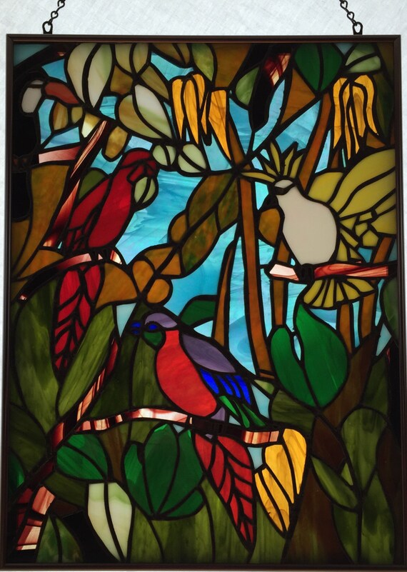 Stained Glass Jungle Birds Wall Hanging by MosaicandStainedGlas