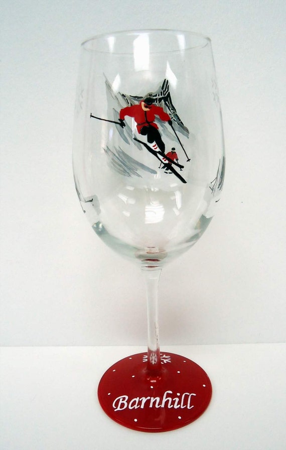 Items similar to SKIING WINE GLASS skier glass hand painted wine