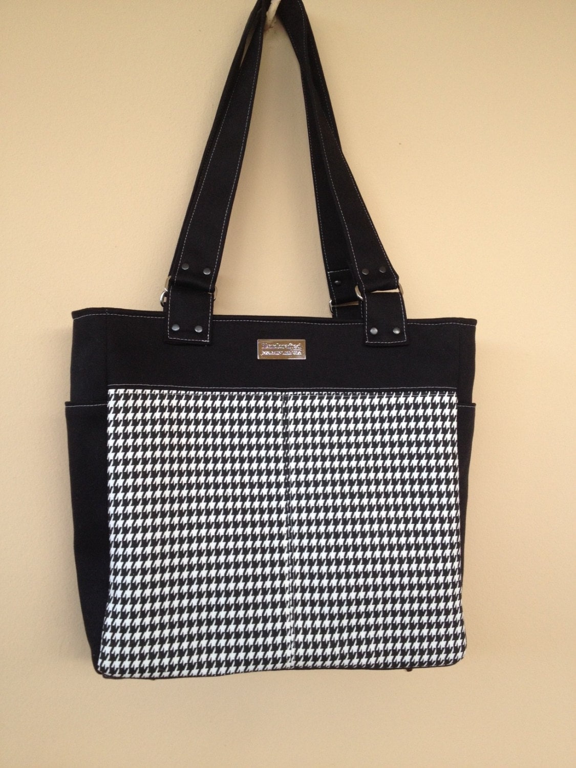 Black and White Bag Houndstooth Shoulder Purse Large Fabric