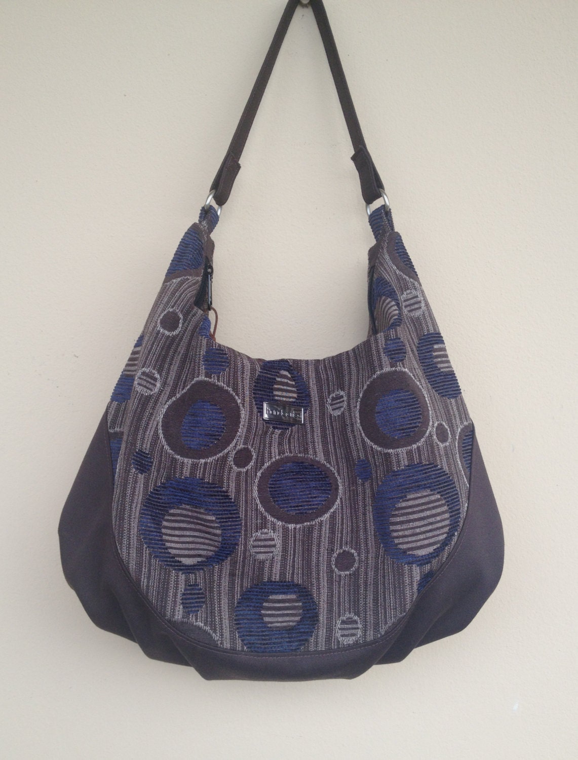 Brown and Blue Fabric Bag Large Hobo Bag Large Shoulder