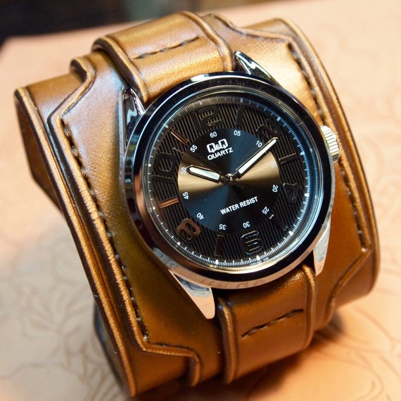 Leather cuff watch Brown leather watchband- Nathan Drake style wide layered Custom made for YOU in NYC by Freddie Matara