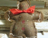 Gingerbread Man Burlap Christmas Tree Glittered Ornament With Red Bow