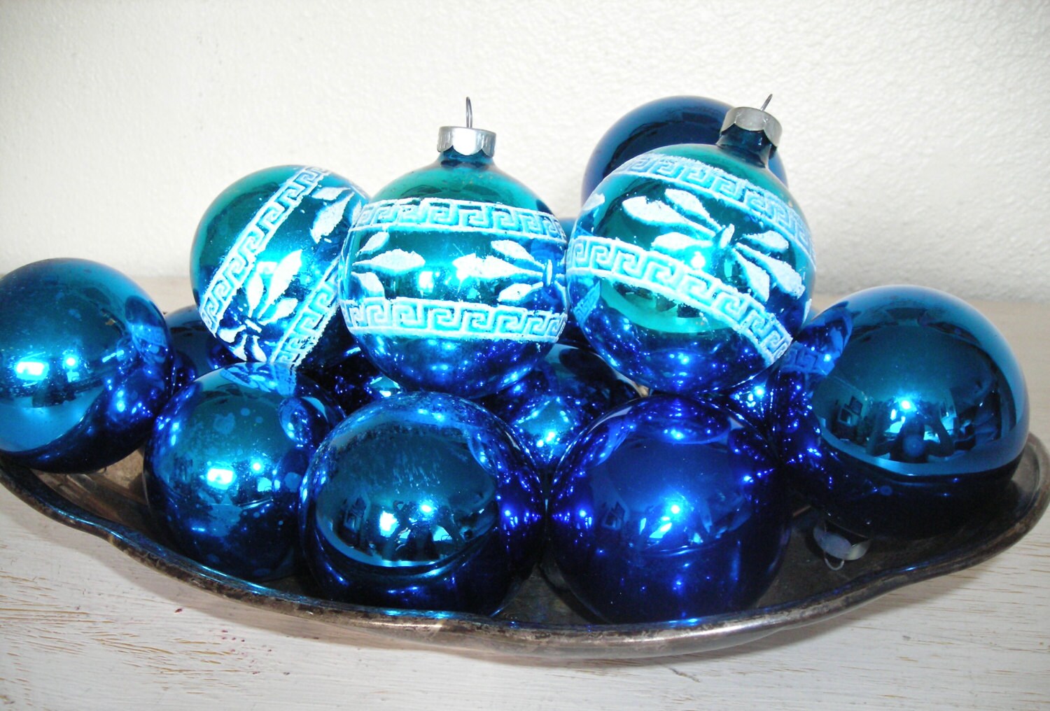 Blue Christmas Ornaments Vintage Glass Balls With Mottled 