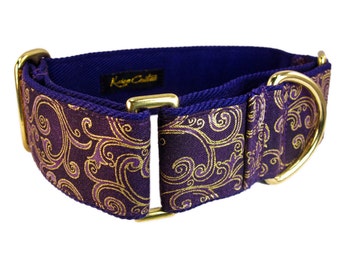 Purple Dog Collar - Fancy Martingale Collar - Collar for Greyhounds - Gold Dog Collar - Whippet Dog Collar - Wide Dog Collar - 2 Inch Wide