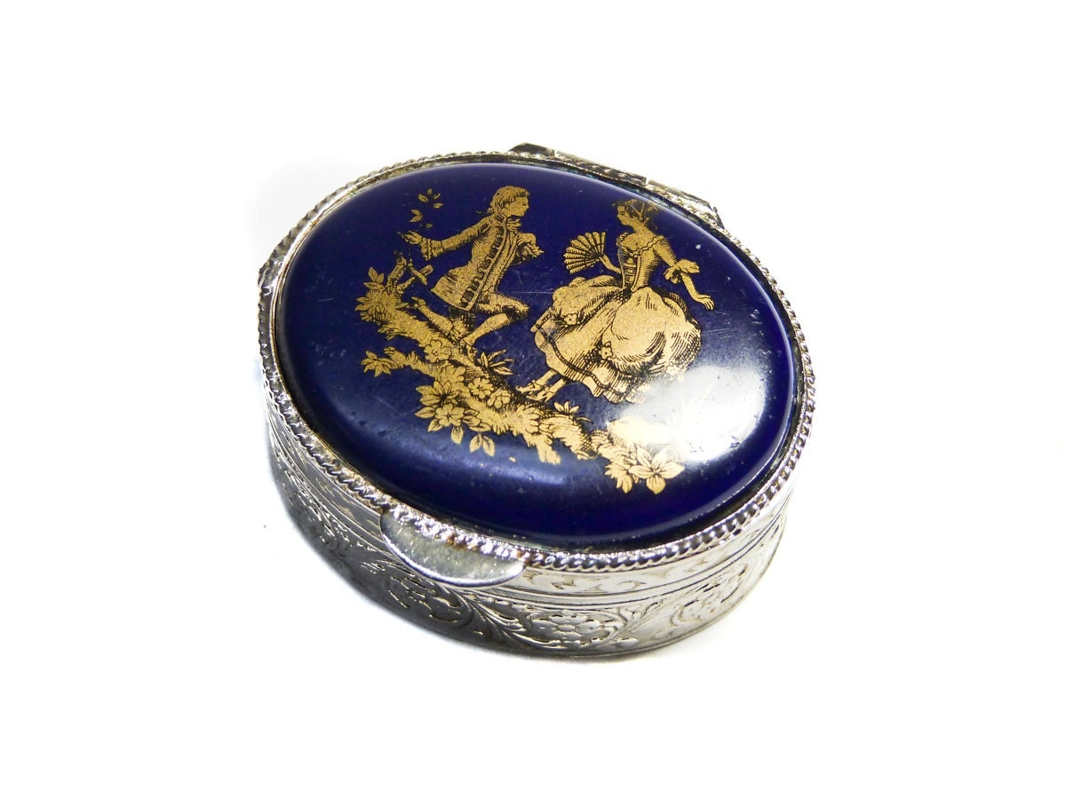 Vintage pill box Limoges Fragonard gilded silver cobalt