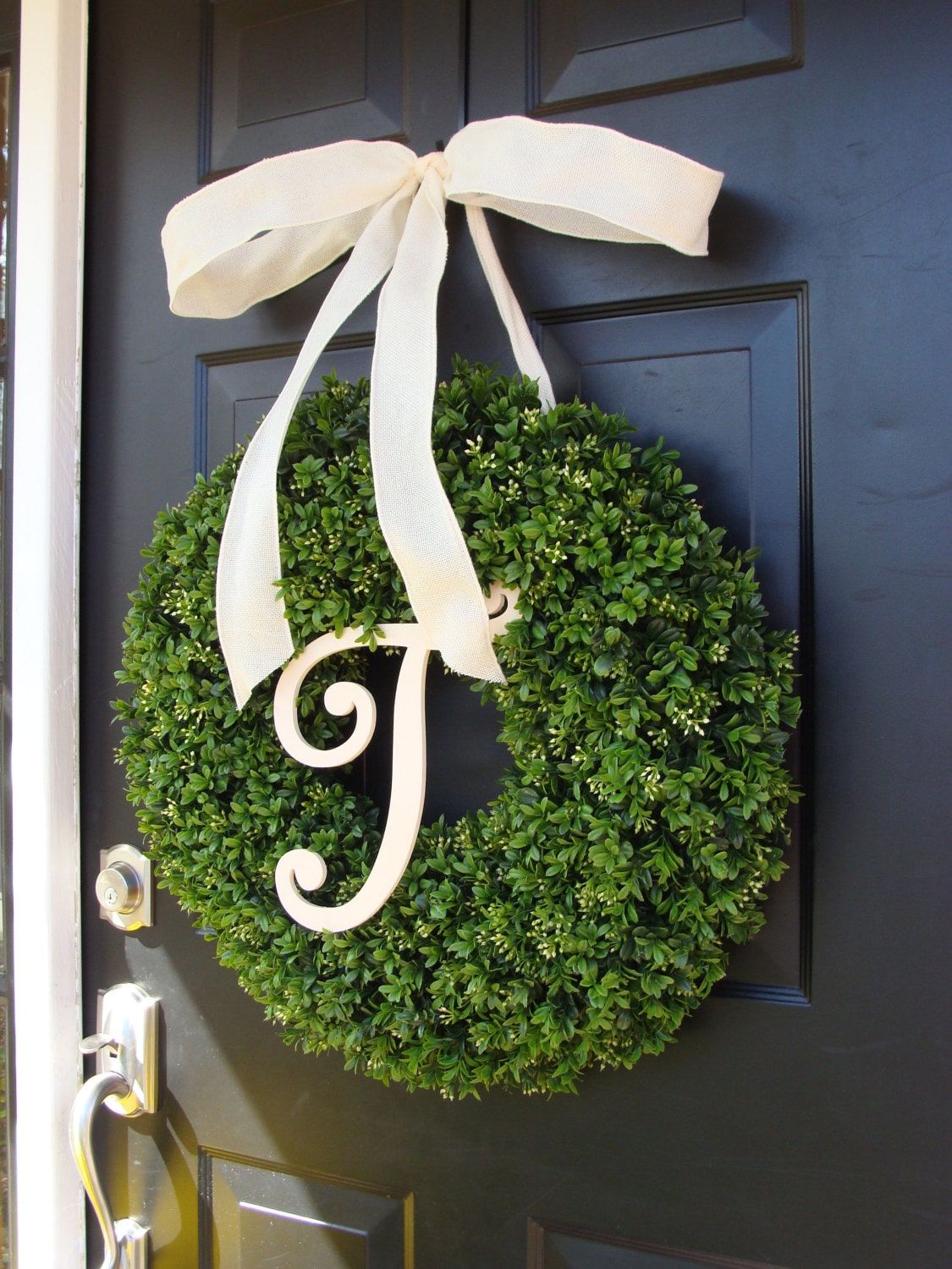 Faux Boxwood Wreath, Monogram Spring Wreath, Outdoor Door Hanging, Fall Wreaths, Spring Decor, Boxwood with Burlap Bow