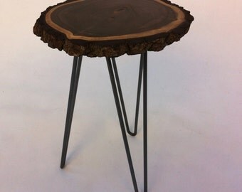 Natural Live Edge Slab Side Table - Mid Century Modern Style - Round Solid Rustic Walnut