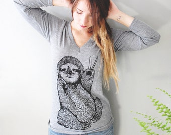 Peace Out Sloth, 5% Donated to Wildlife, unisex, sloth tshirt, v-neck shirt, long sleeve v-neck, sloth shirt, sloth print, tshirt, Simka Sol