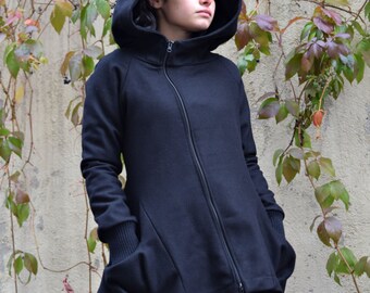 Winter Coat Black, Wool Coat, Womens Coat, Black Coat, Big Hood Jacket, Black Hooded Coat, Asymmetrical Coat, Designer Coat, Black Blazer