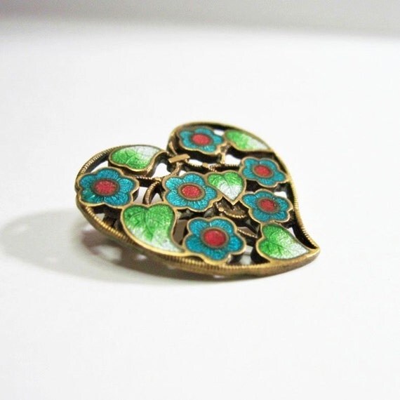 Antique Enamel Floral Heart Shaped Pin Brooch by WickedDarling