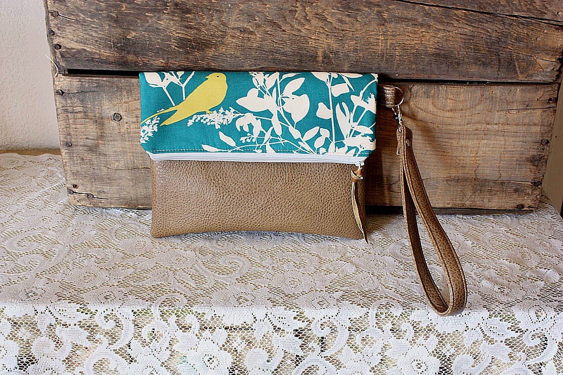 Bird Clutch Wristlet Pouch with vegan leather trim Teal