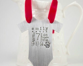 Personalized Baby's First Christmas ornament - Baby Vest Metal Bodysuit Ornament - Baby Stats - Statistics - Baby Clothes Christmas Ornament