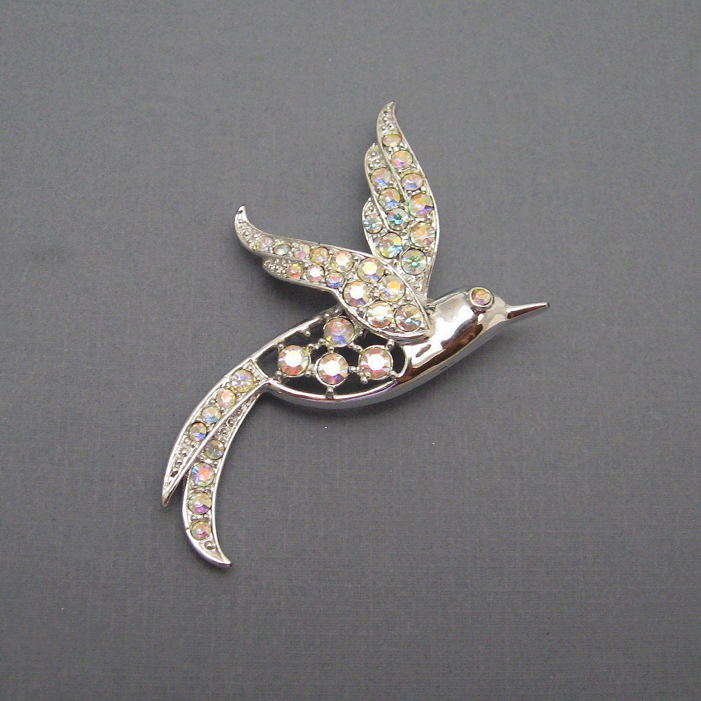 Rhinestone Bird Brooch Bird of Paradise Vintage Jewelry