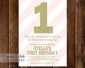 Gold Glitter First Birthday Invitation, Light Pink Stripes, Gold First Birthday Invite, Pink and Gold Birthday Invitation, DIY Printable