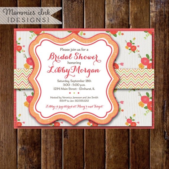 Bridal Shower Invitation, Shabby Chic Invitation, Pink Orange Green, Faux Bois, Wood Grain Invite, Whitewashed Invite, Posies Invite, Floral Il_570xn