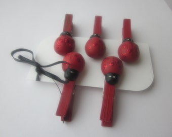 LADYBUG CLOTHESPIN CLIPS set of 5 Blinged and Glitzed Red