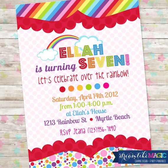 Over the Rainbow Invite, Rainbow Birthday Party, Polkadots and Stripes, Rainbow, Clouds Printable Invite DIY Il_570xn