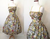 Adorable 1950's Cotton Floral Print Summer Party Day Dress with Shelf Bust and Spaghetti Straps Rockabilly VLV Pinup Vixen Size-Large