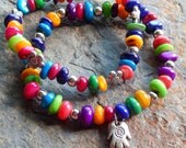 Hamsa bracelets rainbow stacking bracelet set stretchy bracelets indie boho style teen girl gift dyed mother of pearl