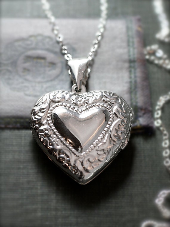 Large Heart Sterling Silver Locket Necklace Fancy Embossed