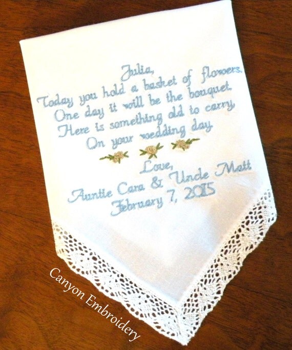 , Wedding Gift, Embroidered Wedding Handkerchief Flower Girl Wedding ...