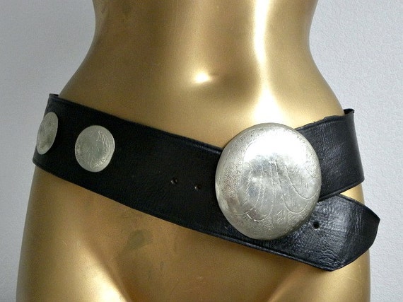 Vintage 70s Moroccan black real Leather Belt Hippy conchos Southwestern aztec ethnic hipster bohemian studded SoCal rocker Rock n Roll