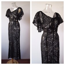 Vintage 1930s Style Black Lace Capelet Bias Cut Evening Dress