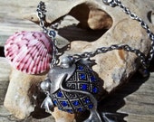Silver and Pewter Golfish Necklace - Pewter and Blue Goldfish Pendant and Shell Charm