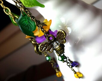 Honey Bee Charm Earrings, Purple Frosted Lucite Flower Honeybee Dangle Drops, Titanic Temptations Vintage Victorian Bridal Style 13018